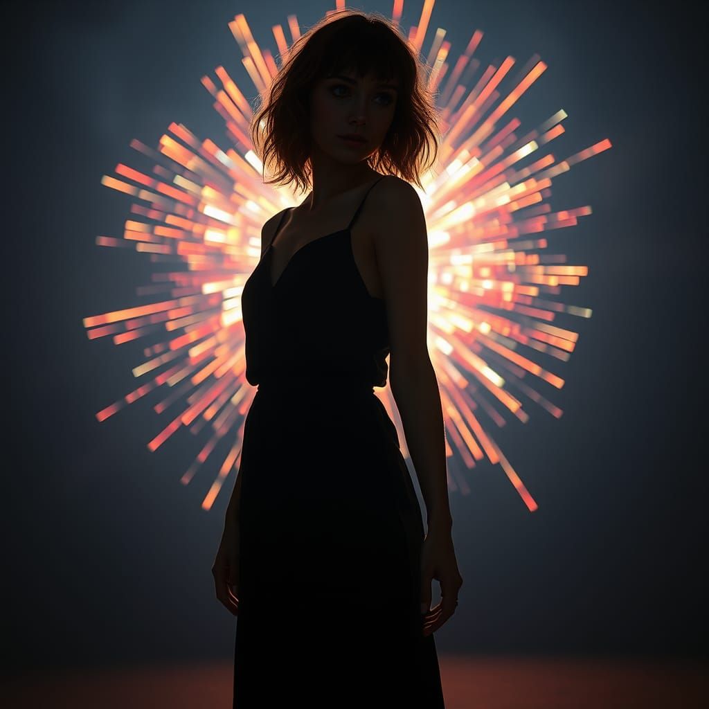 Golden-Haired Girl Amidst Explosive Light, Hyperrealism