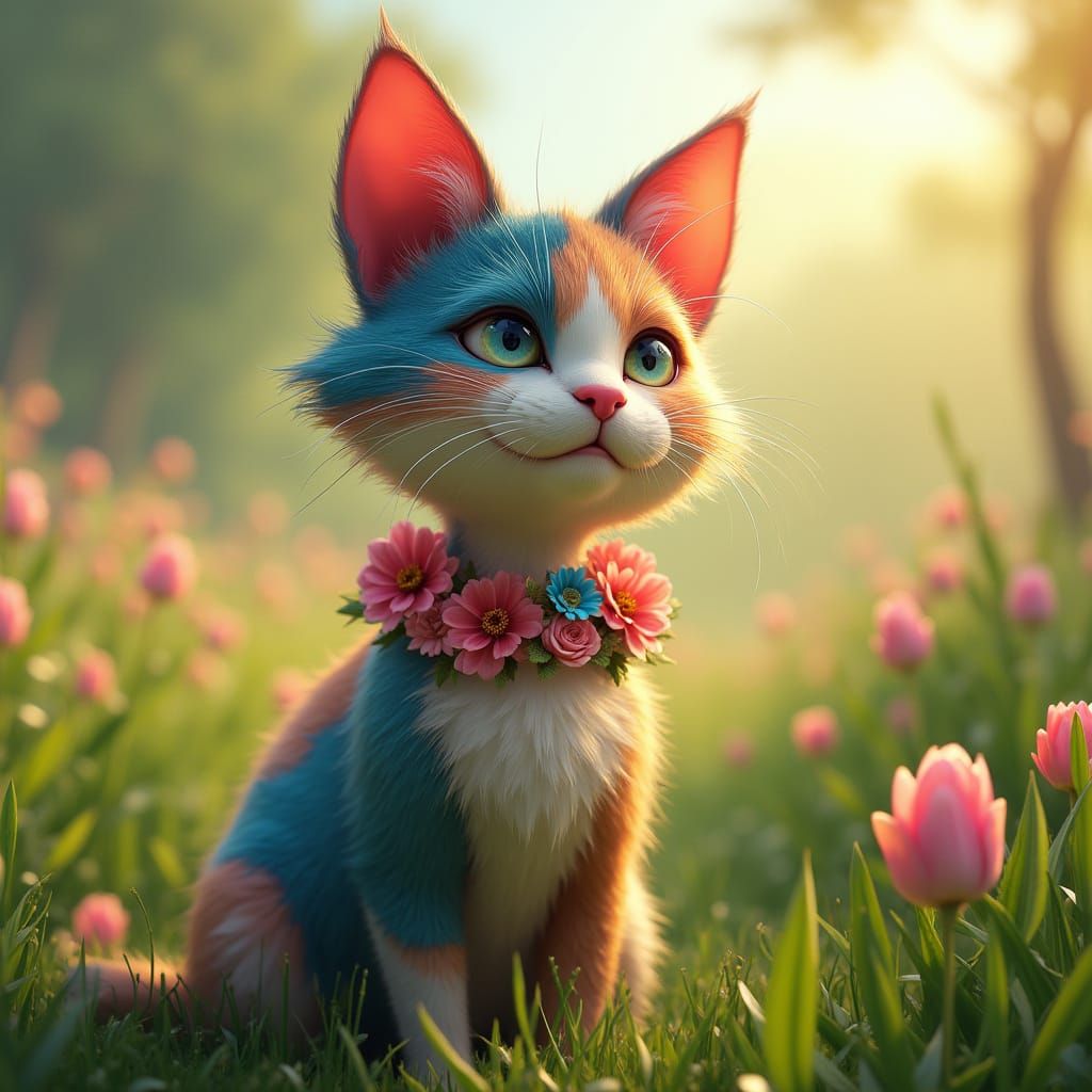 Vibrant Fantasy Cat in Springtime Meadow