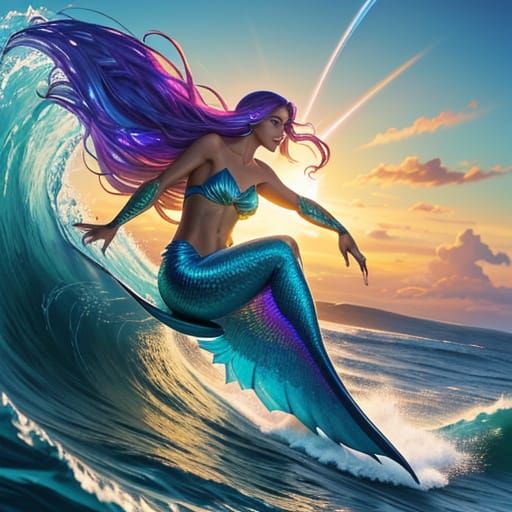 Mermaid Surfing Waves in Golden Hour Light