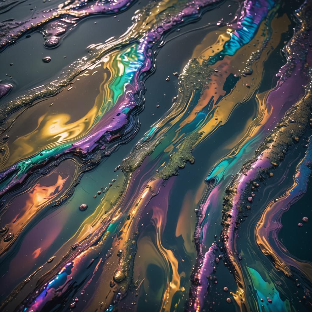 Iridescent Oil Slick on Water: Cinematic Film Still