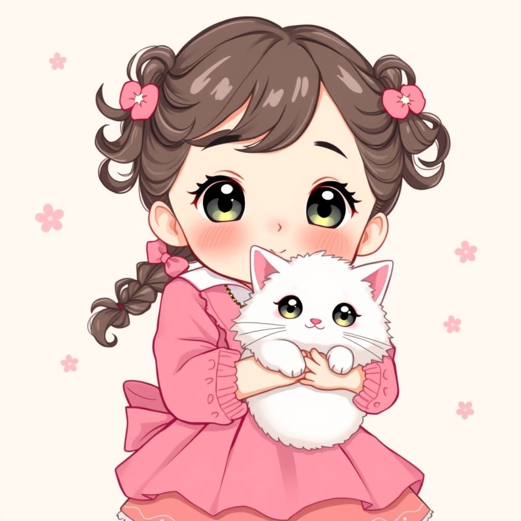 Whimsical Kawaii Anime Girl and Cat