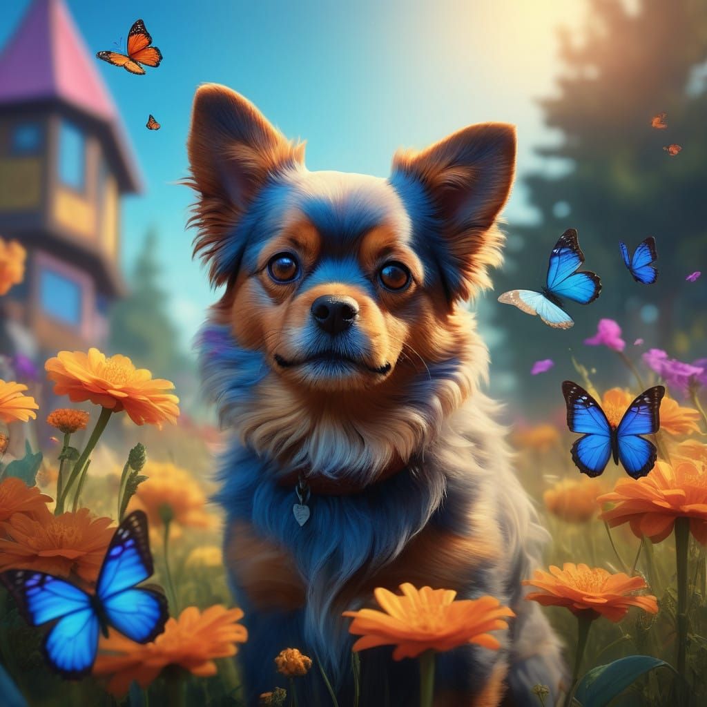 Fluffy Dog Chases Whimsical Butterfly in Dreamlike Fantasy S...