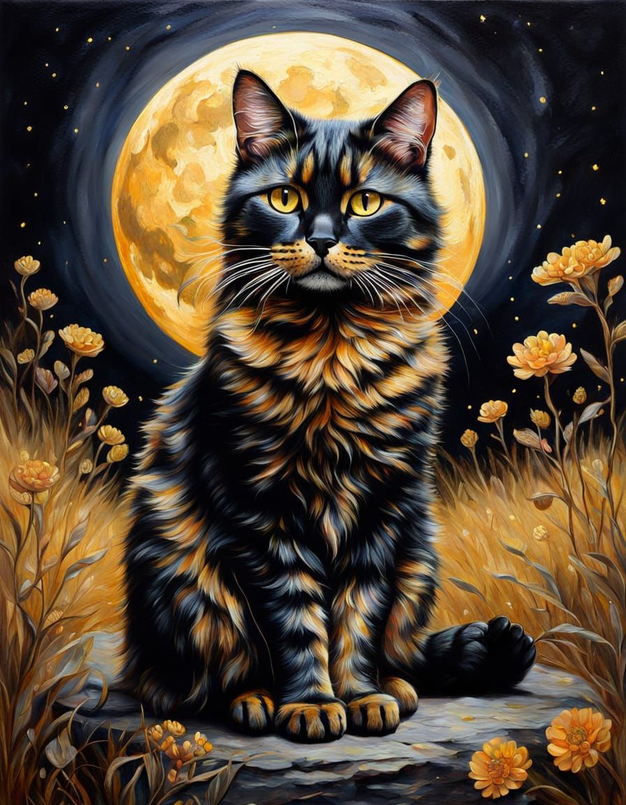 Elegant Tortoiseshell Cat in Golden Landscape Oil Painting