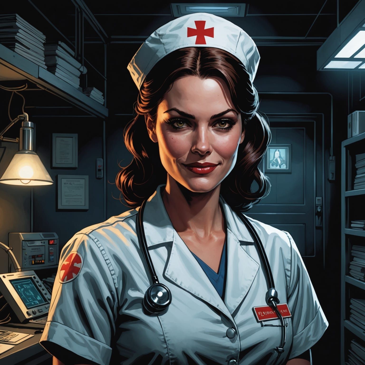 Eerie Nurse with Sinister Smile, Comic Book Art