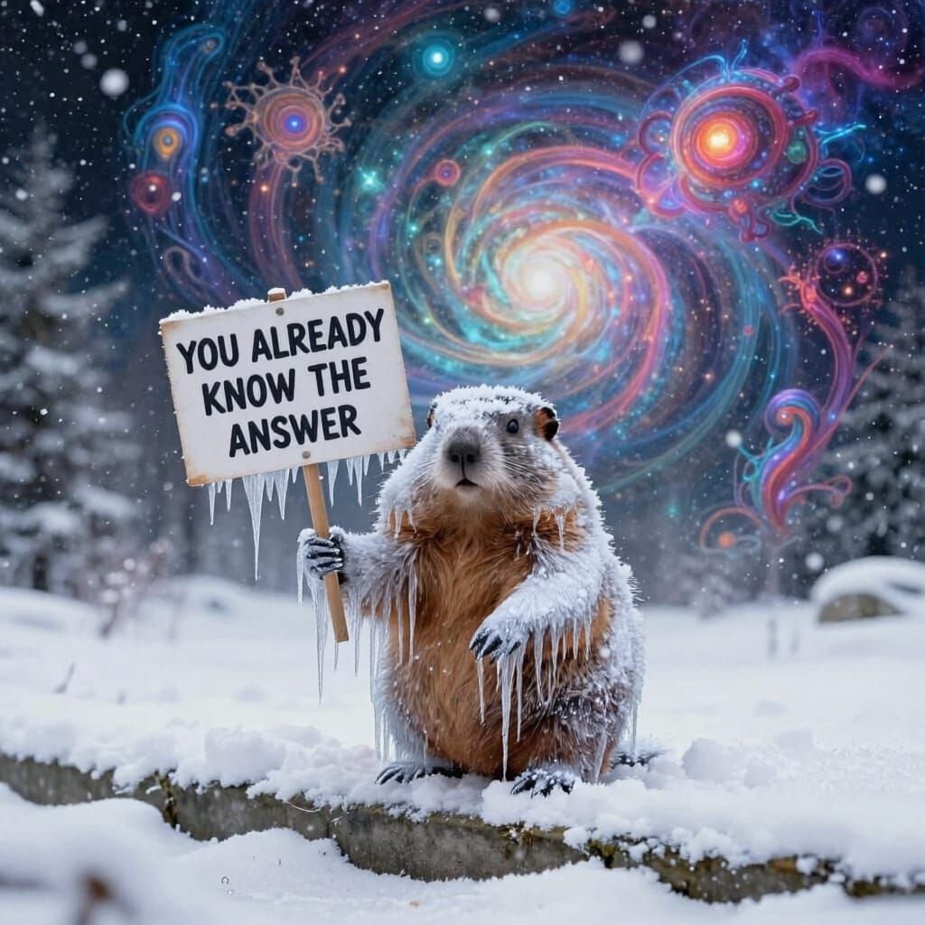 Groundhog in Blizzard Holding 'You Already Know' Sign