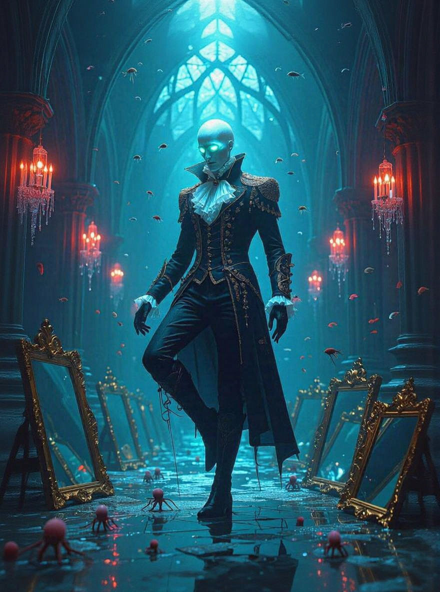 Surreal Renaissance Figure in Dreamlike Cathedral