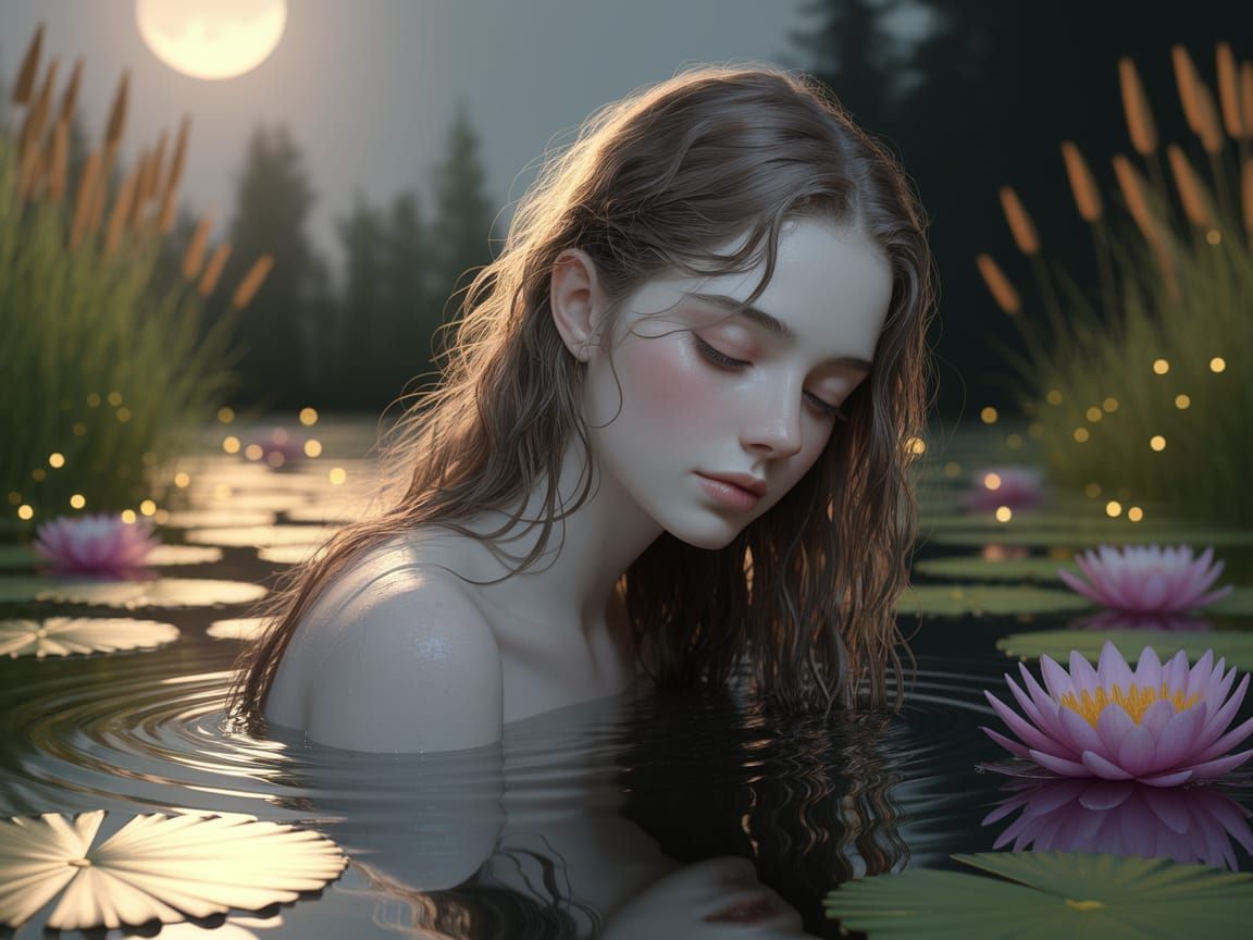 Ethereal Woman in a Moonlit Pond Scene, Painterly Style