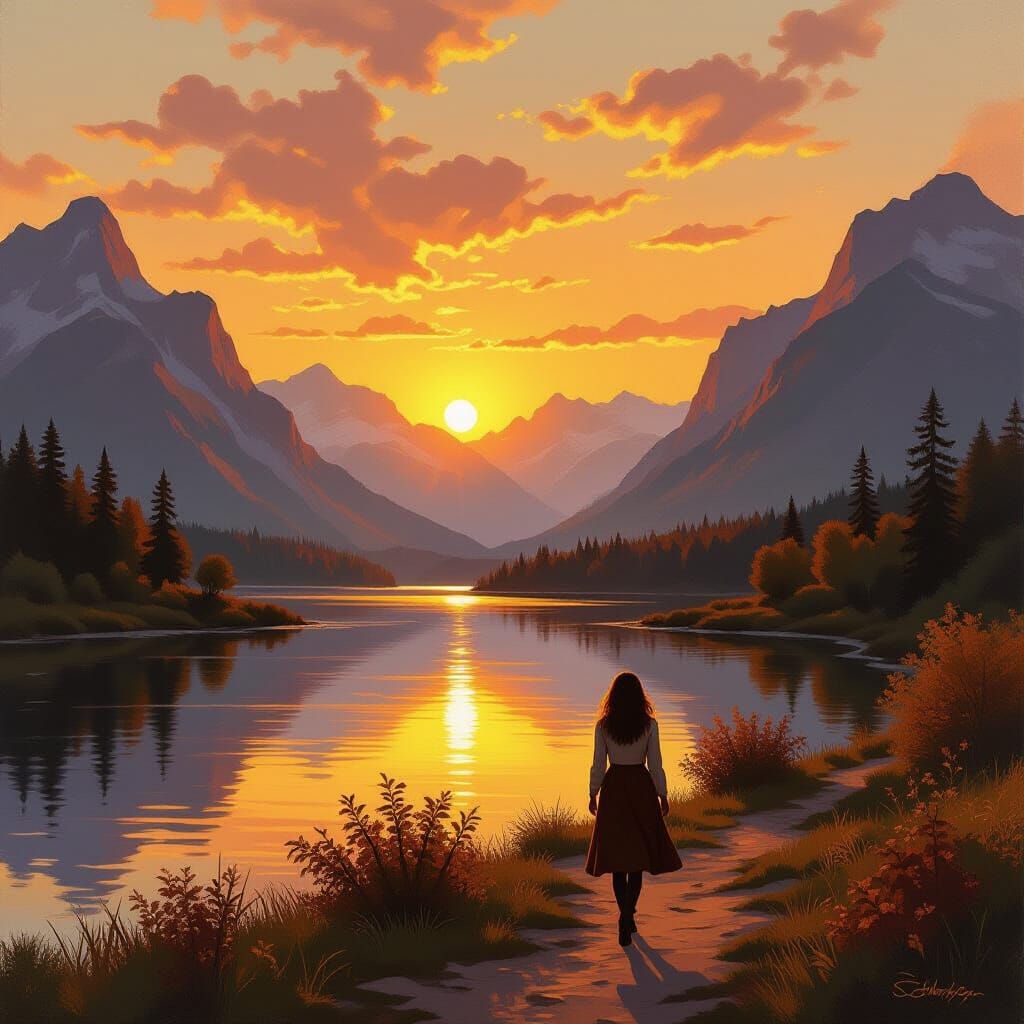 Autumn Sunset Landscape Oil Painting with Woman