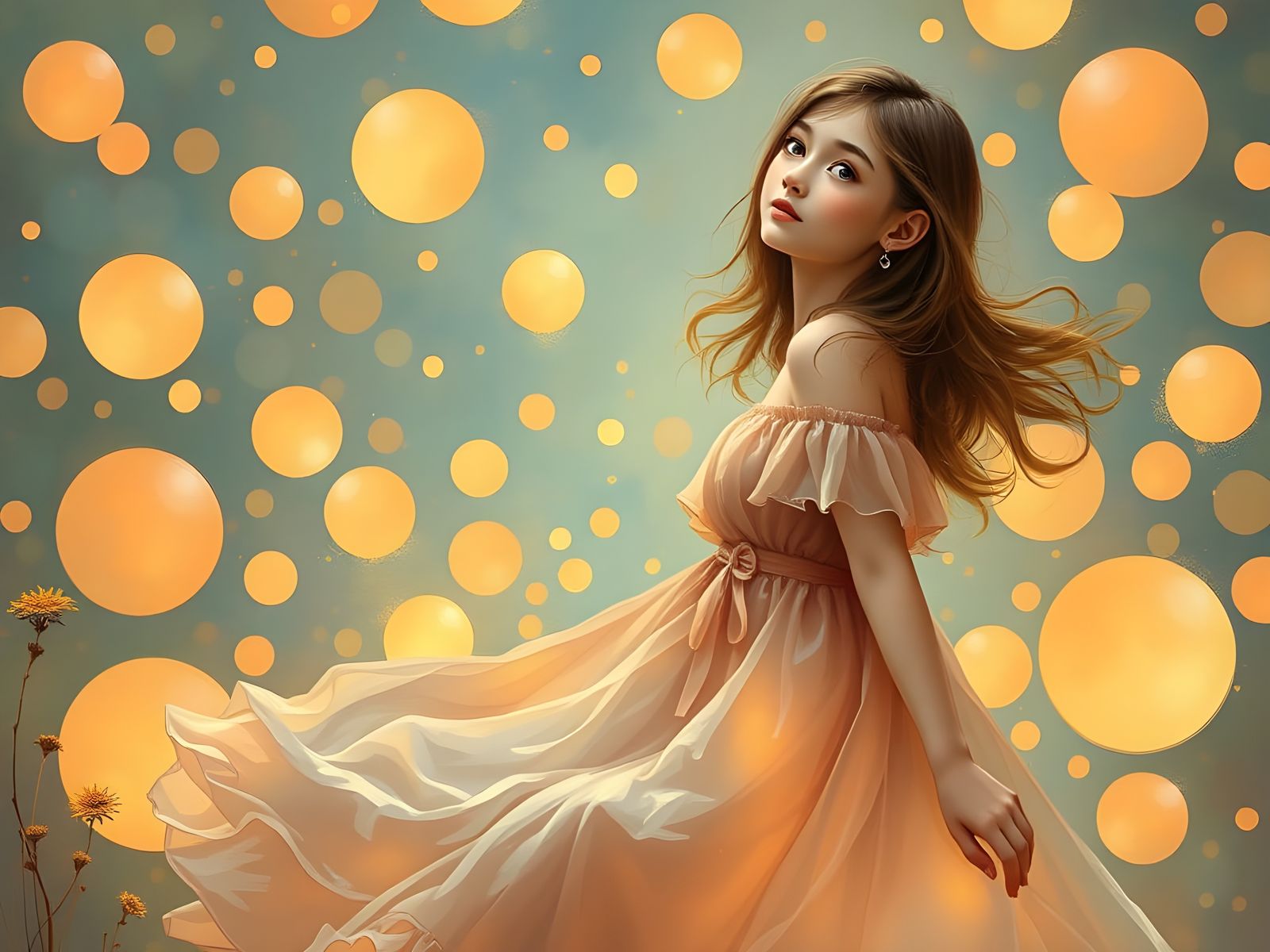 Dreamy Portrait of a Girl with Glowing Bubbles
