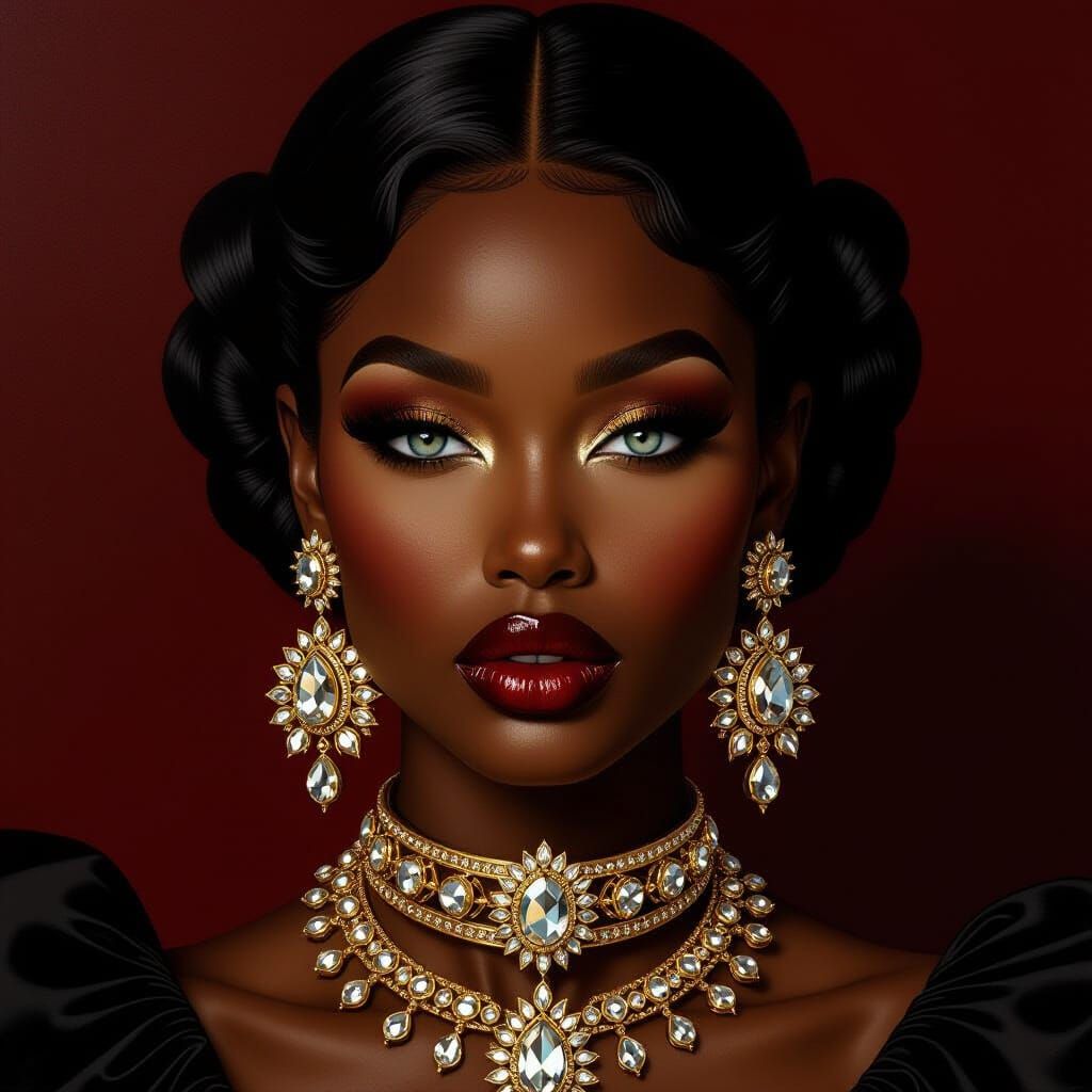 Regal Portrait of a Woman with White Eyes and Gold Jewelry