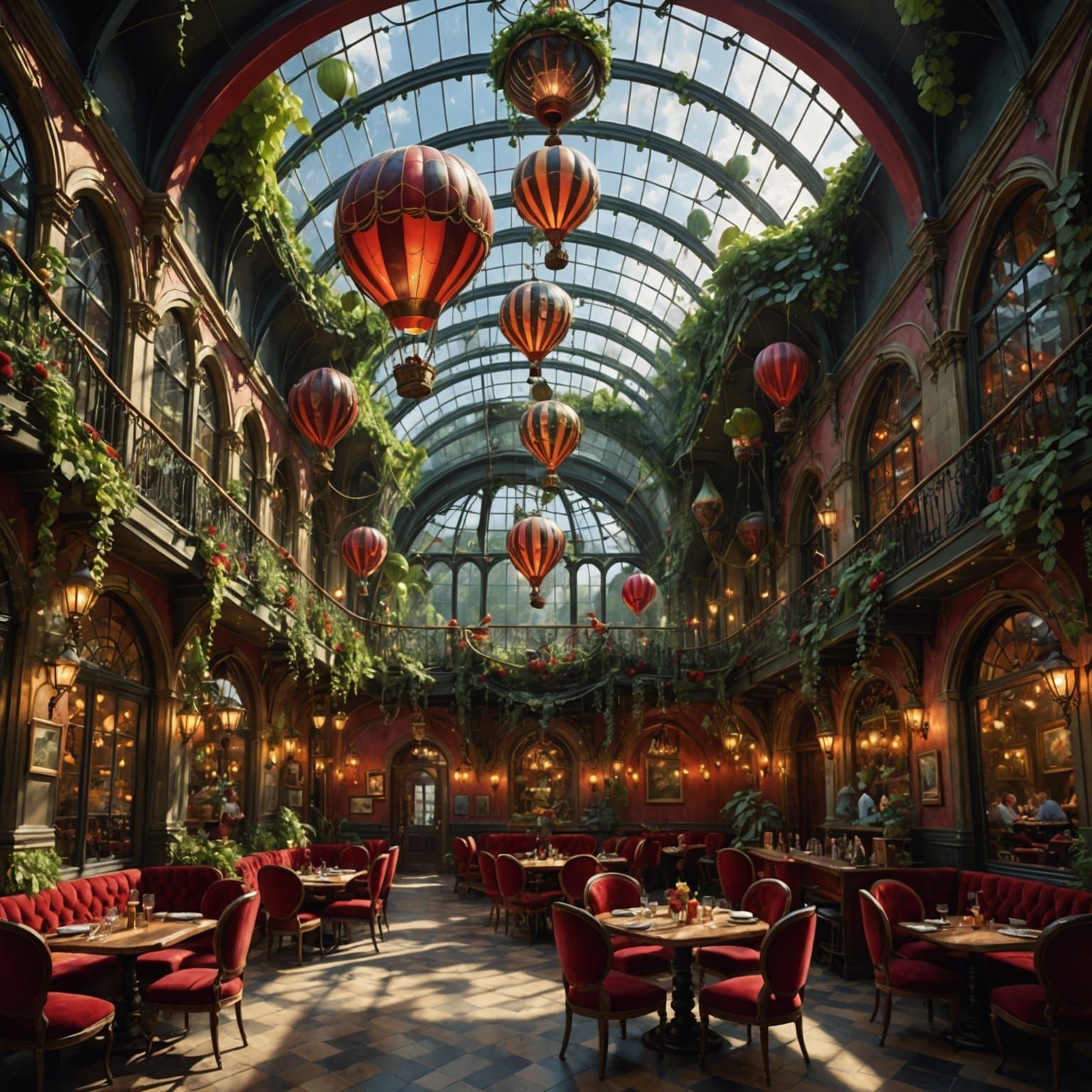 Enchanted Cafe Interior with Hot Air Balloon Chandeliers