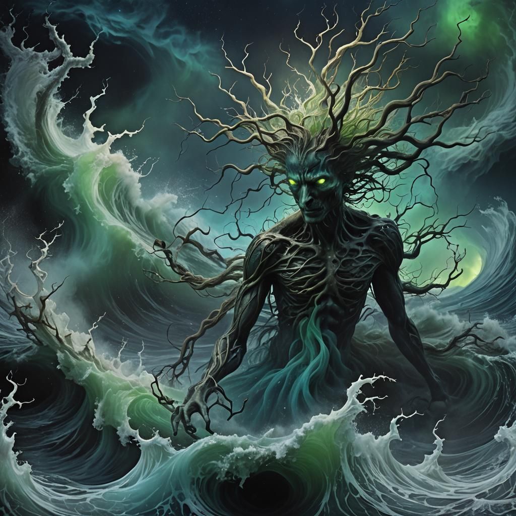 Surreal Ocean Horror with Bioluminescent Eyes