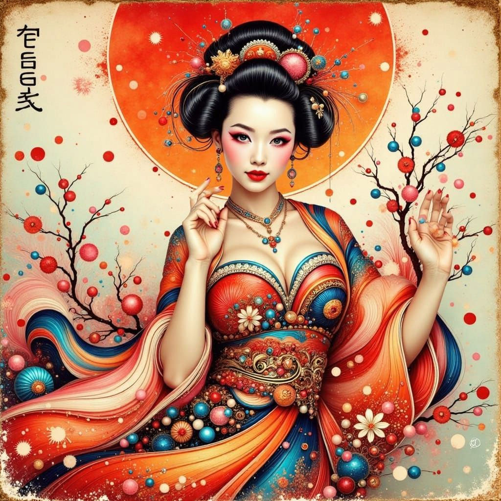 A Retro Futuristic Geisha Dances Under Cherry Blossoms in Vi...