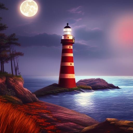 Lighthouse and Autumn Woods Under Full Moon