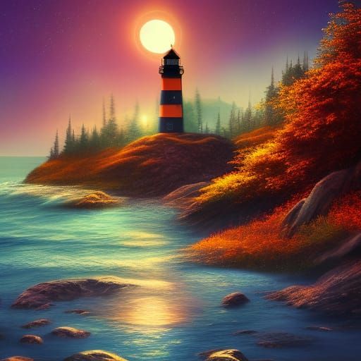 Colorful Autumn Lighthouse Under Full Moon
