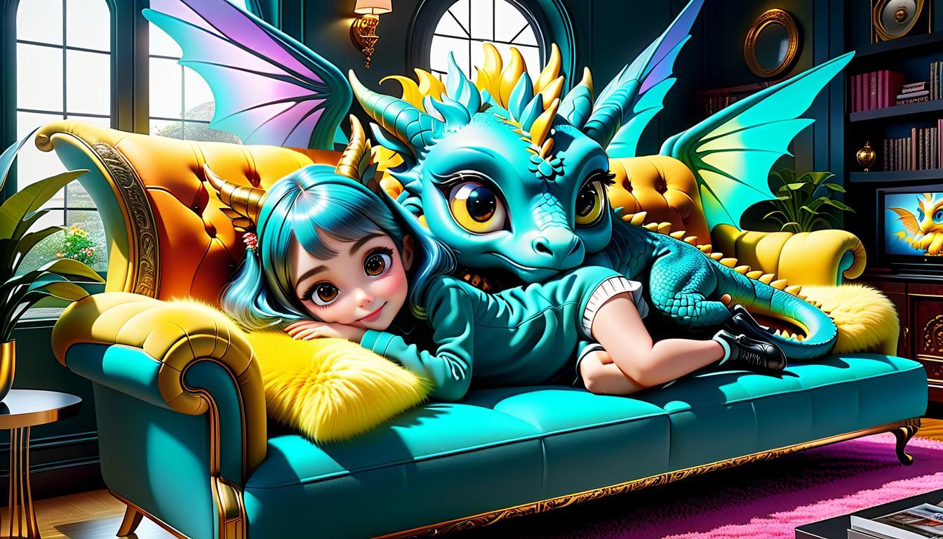 Girl and her dragon pet at home