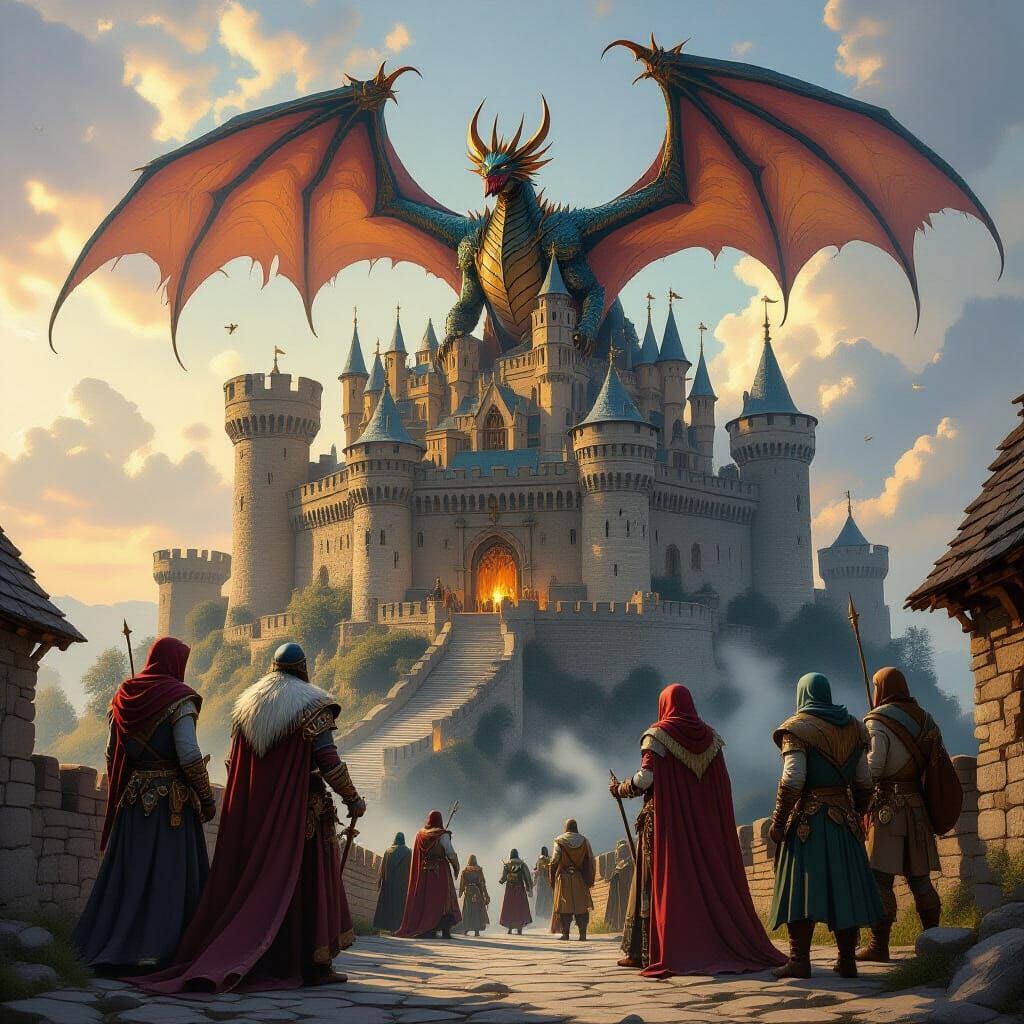Medieval Castle Besieged by Dragon in Gothic Style