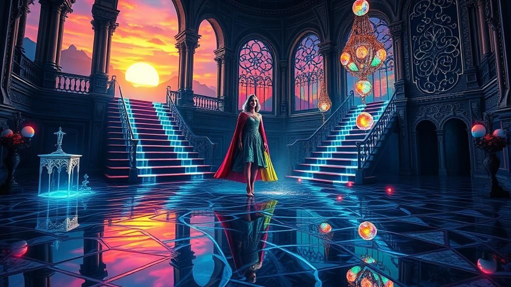 Mystical Sorceress in Dreamlike Palace: Escher-Inspired Art