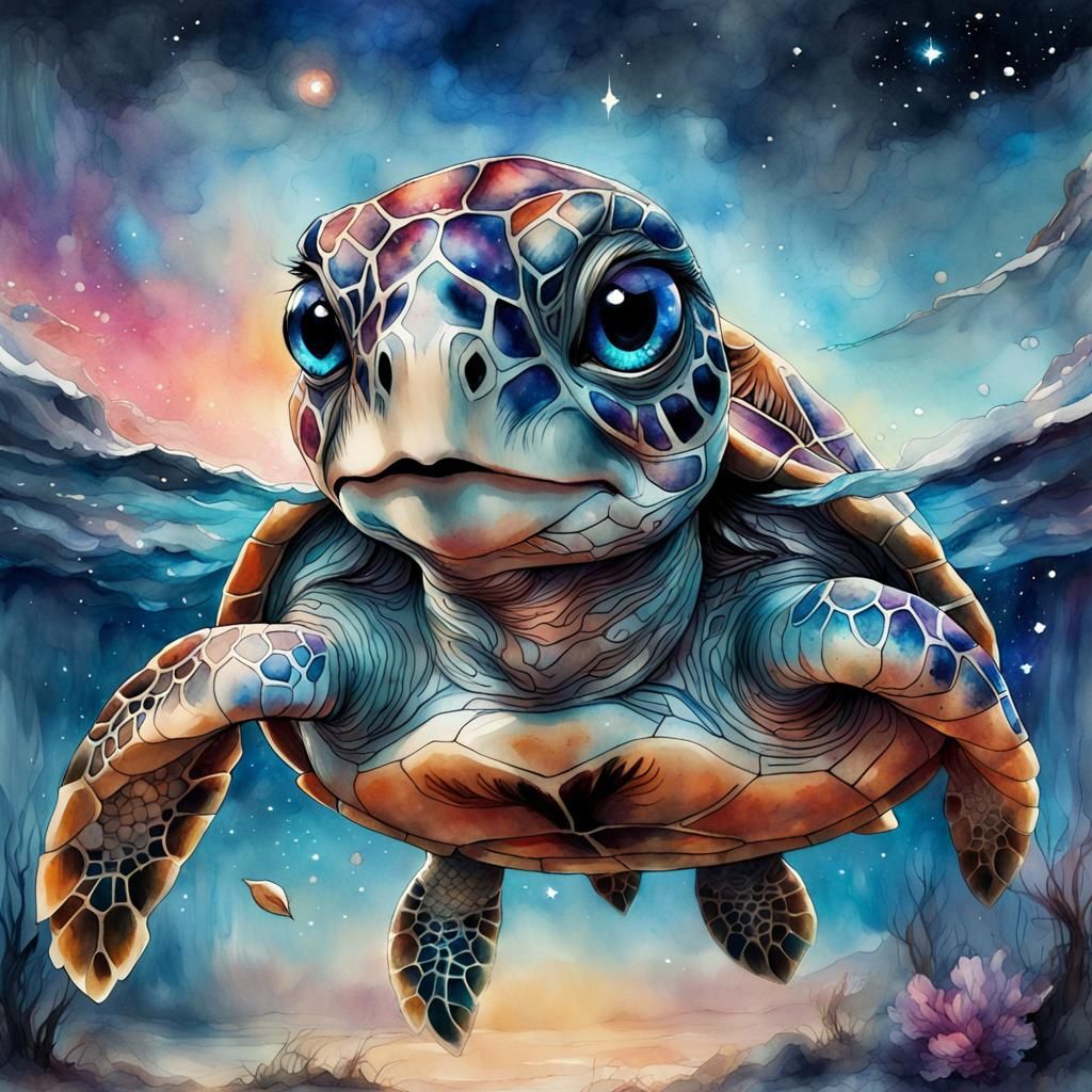 Cute Chibi Sea Turtle in Watercolor Galaxy