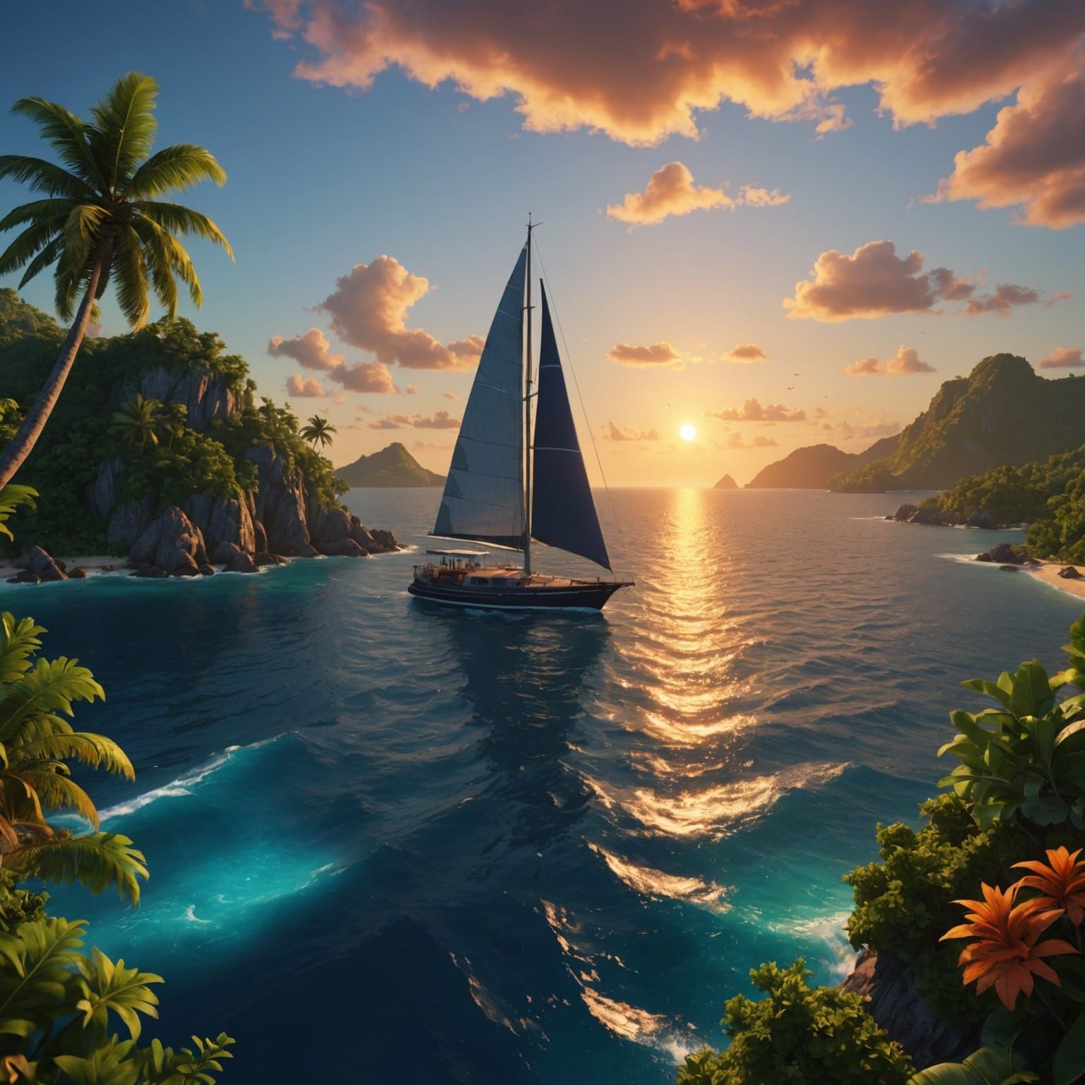 Tropical Islands Sunset: Photorealistic Sailboat View