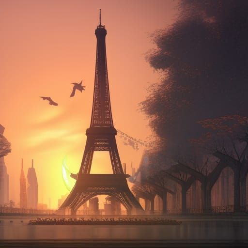 Eiffel Tower Sunset: Detailed Matte Painting
