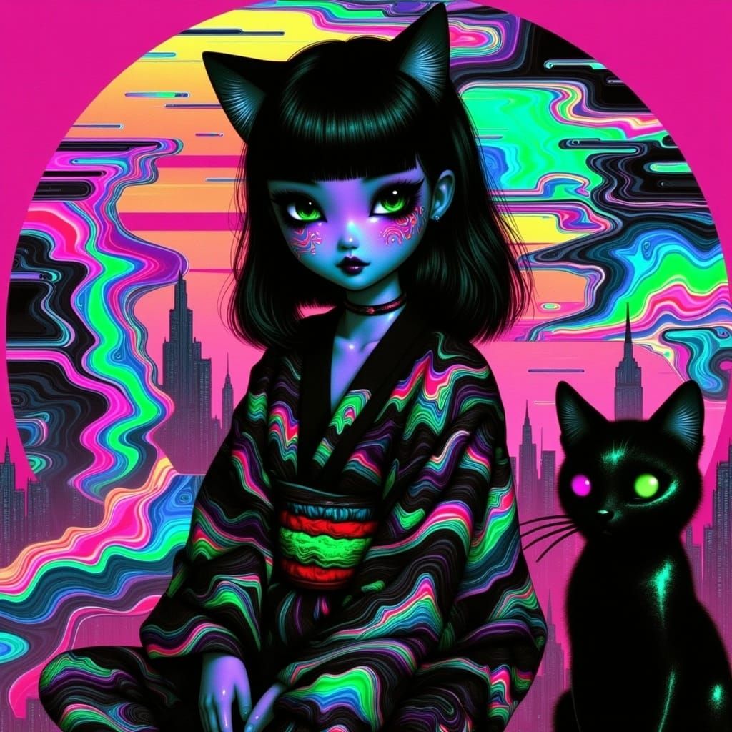 Cyberpunk Ichimatsu Ningyo Doll in Neon Kimono