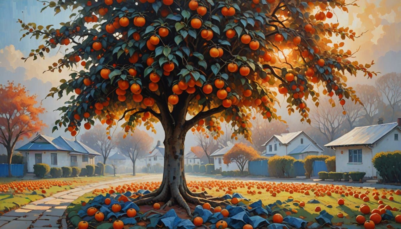 Persimmon Tree in Autumn Mist, Impressionist Oil Painting