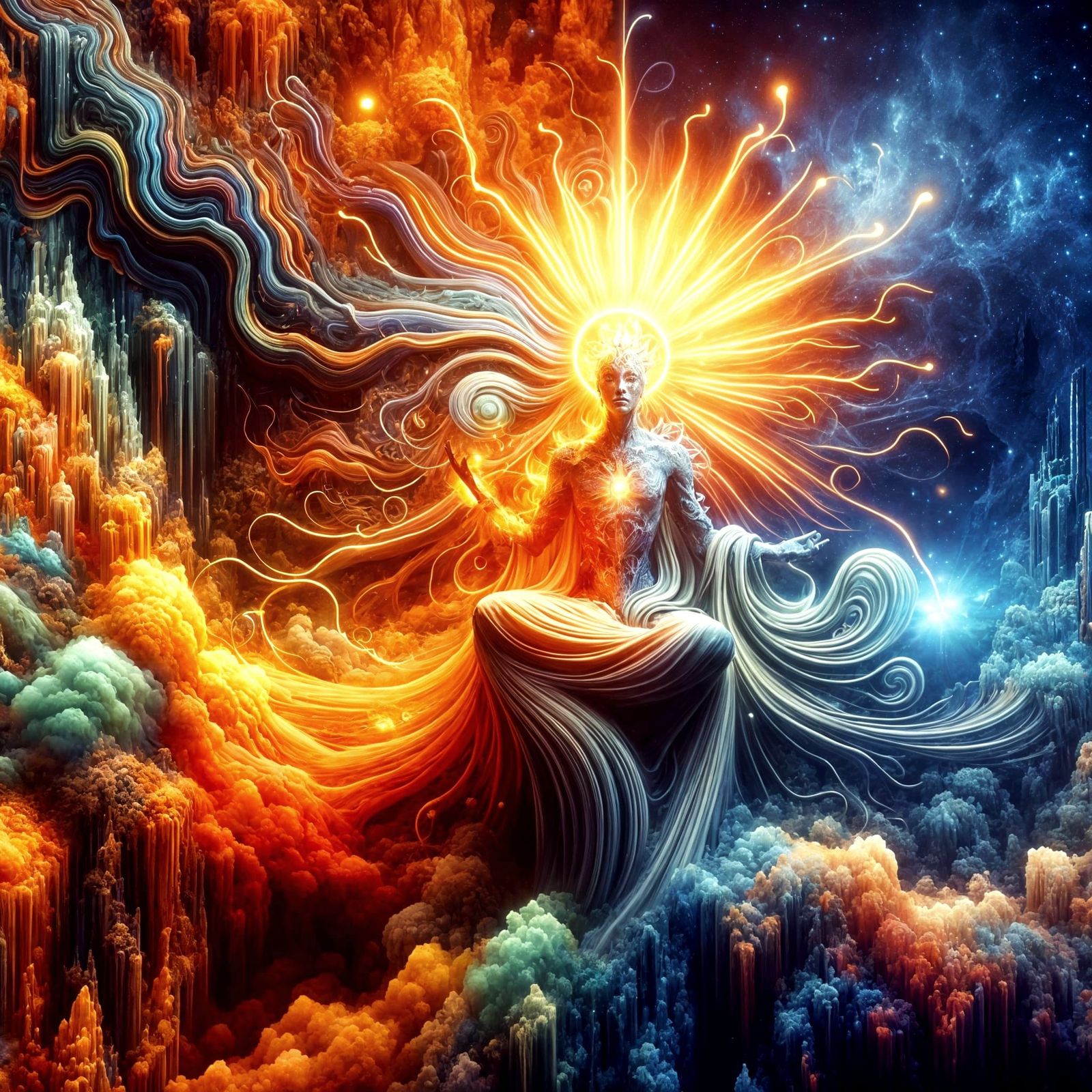 Serene Spiritual Entity Radiates Calm in Vibrant Fantasy Art