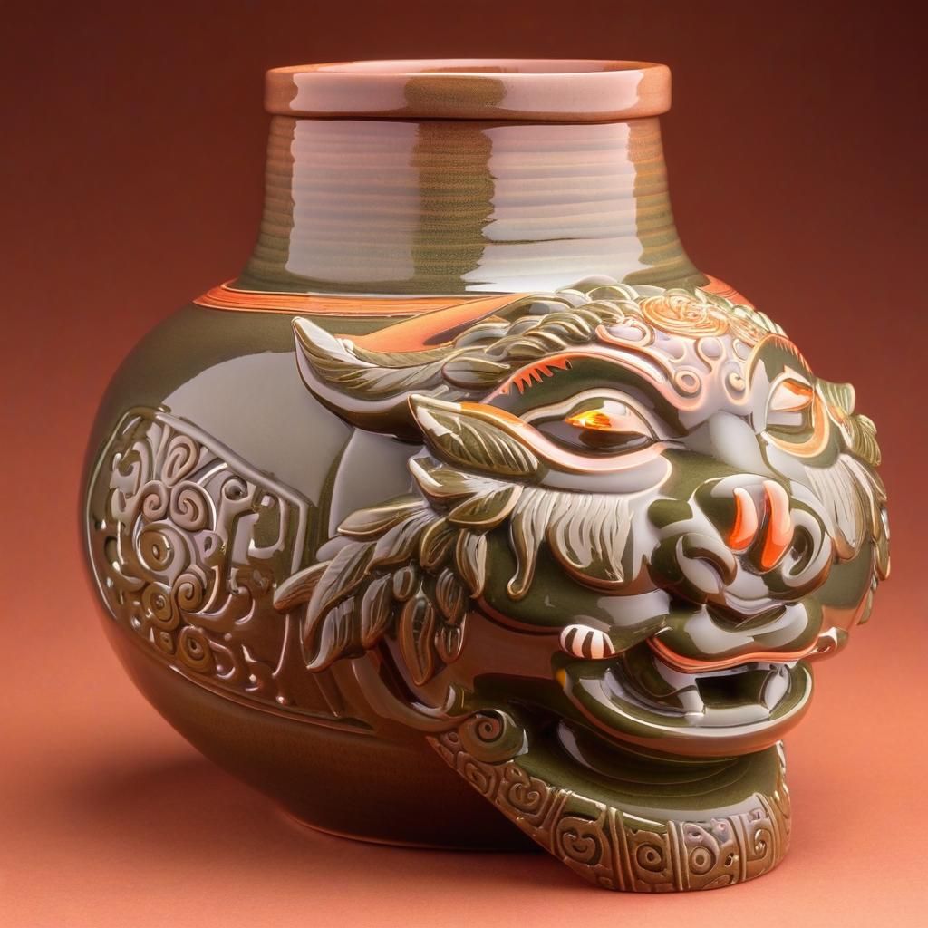 Ceramic Fire God Jar on Salmon Background