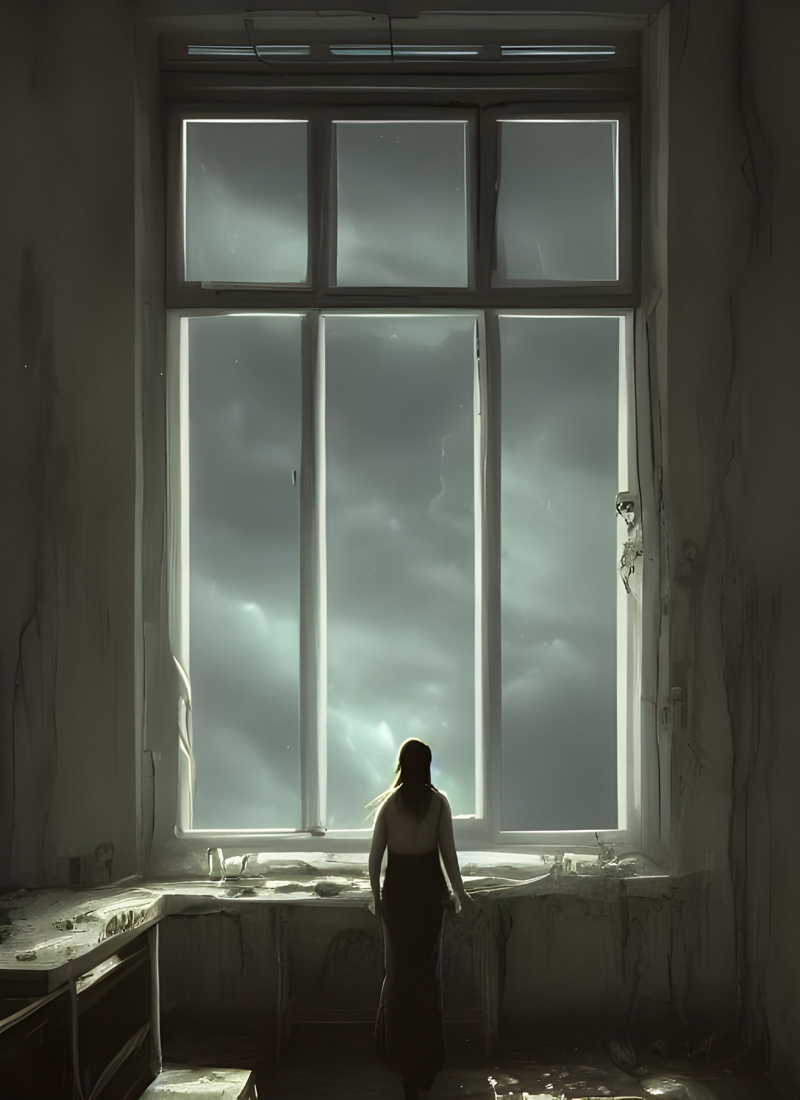 Apocalyptic Window View in Surreal Romanticism Style