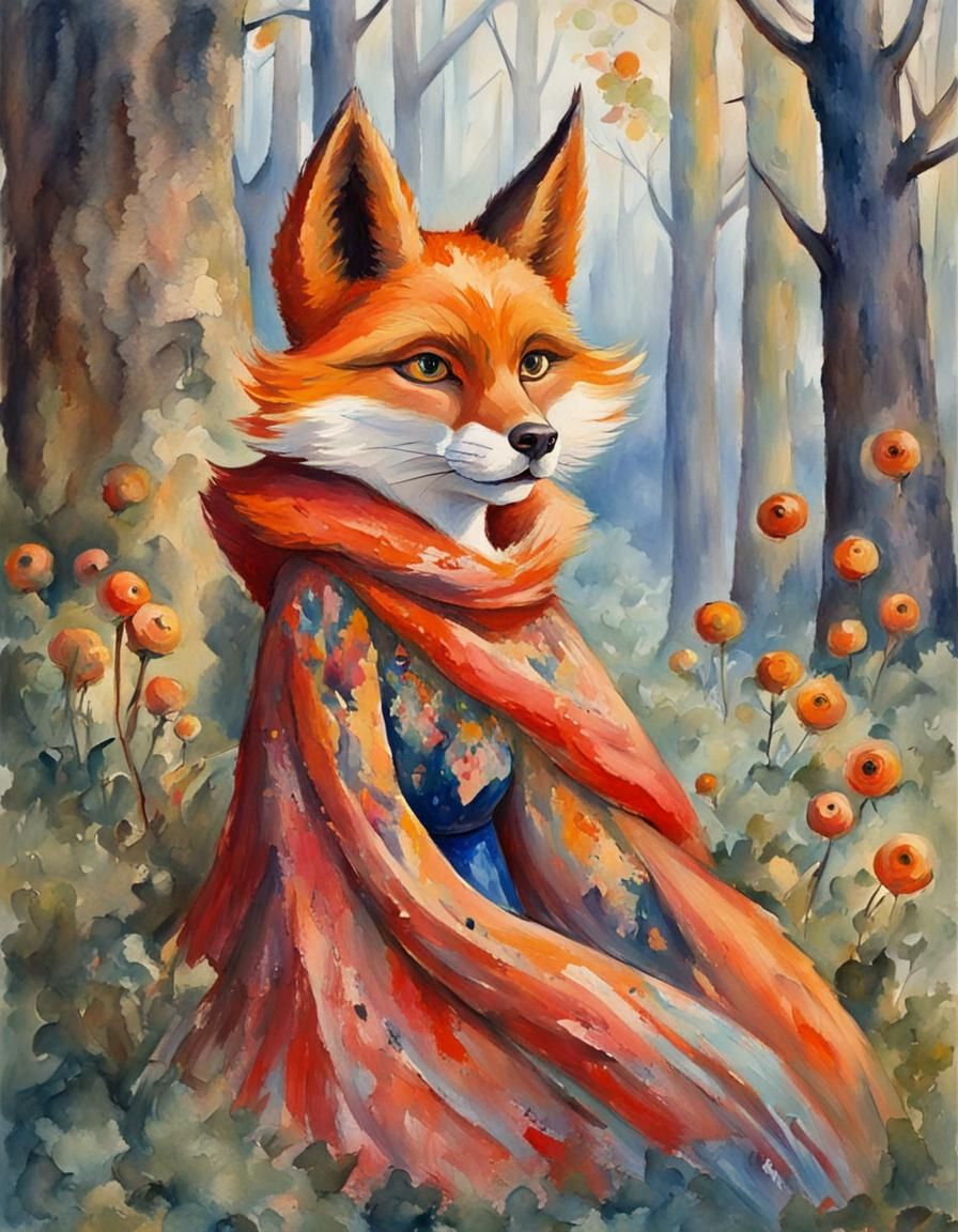 Anthropomorphic Vixen in Russian Folklore Gouache Style