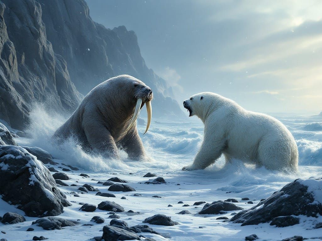 Polar Bear and Walrus Clash on Snowy Beach
