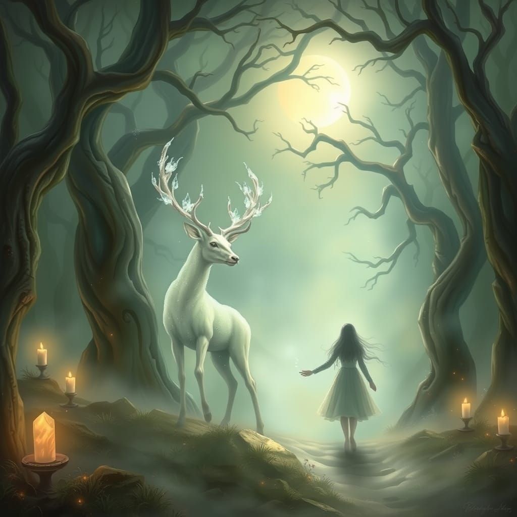 Ethereal Deer Guides Lovers Through Mystic Forest