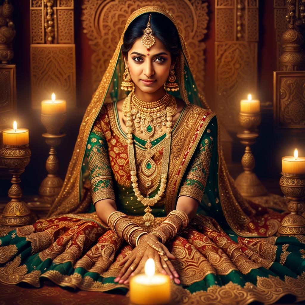 Indian Bride Portrait with Henna and Golden Lighting