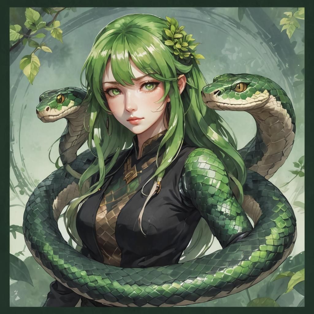 Anime Snake Girl Portrait in Japanese Watercolor Style
