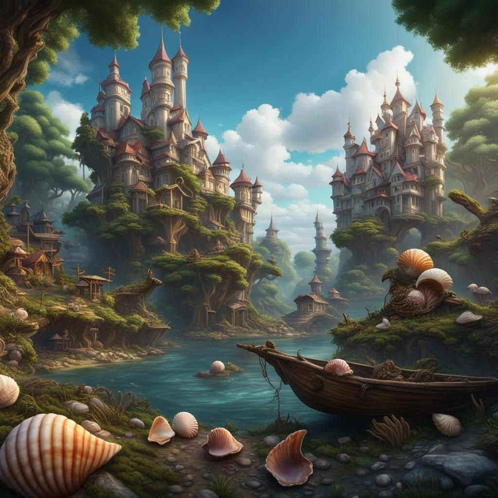 Seashell Town in Enchanted Forest, Detailed Matte Painting