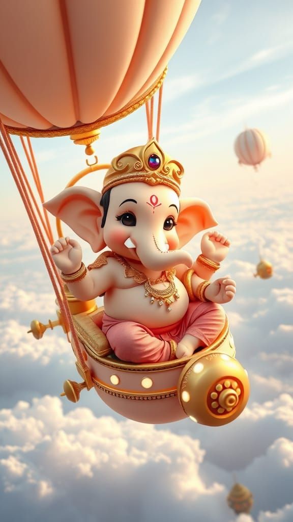 Baby Ganesha in Steampunk Airship, 3D Rendered