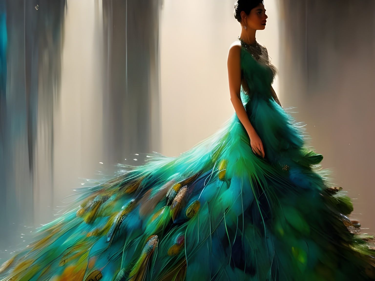 Peacock Gown: Ethereal Goth Art in Liquid Light