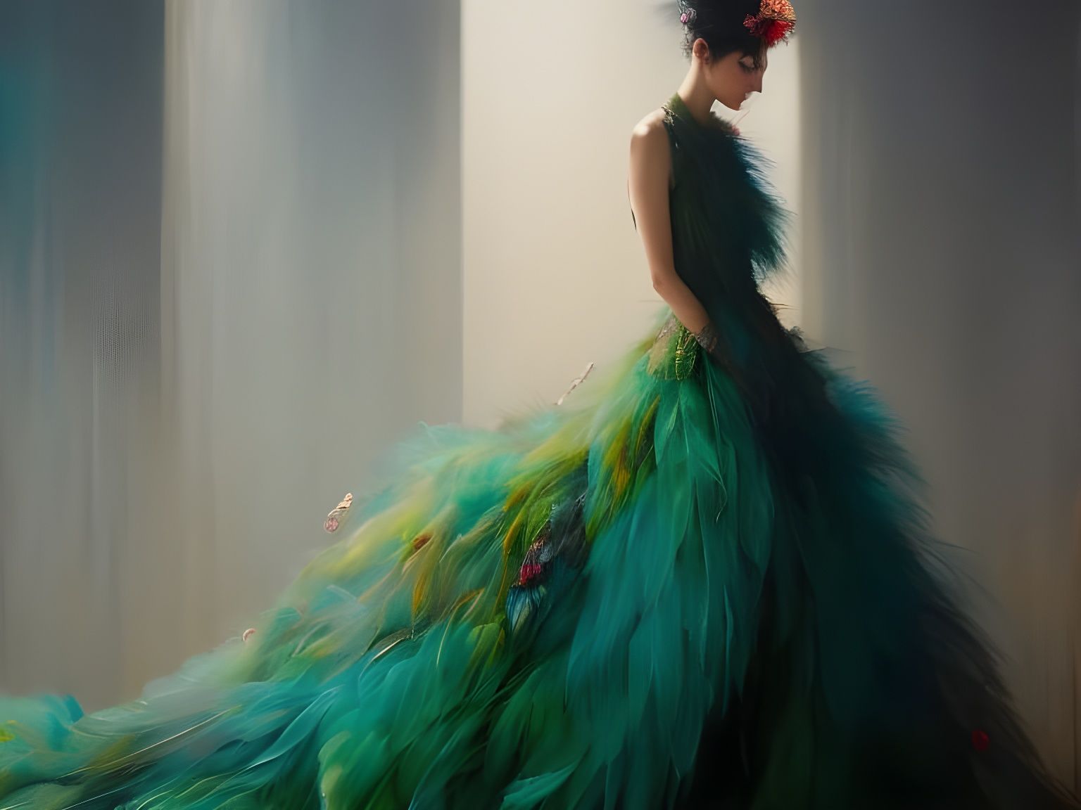 Woman in Peacock Gown: Ethereal Fine Art