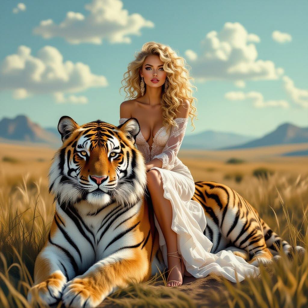 Woman on Tiger in Surreal Dreamscape
