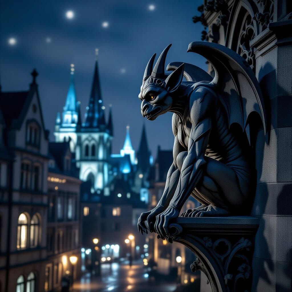 Gothic Cityscape with Gargoyles at Night
