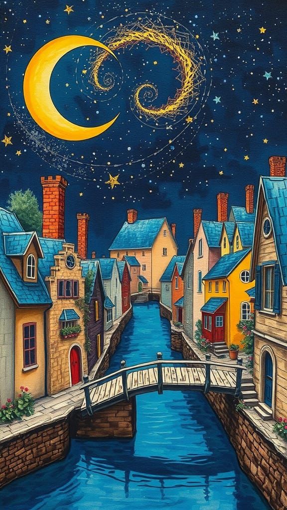 Whimsical Medieval Fishing Village Collage in Dreamlike Wate...