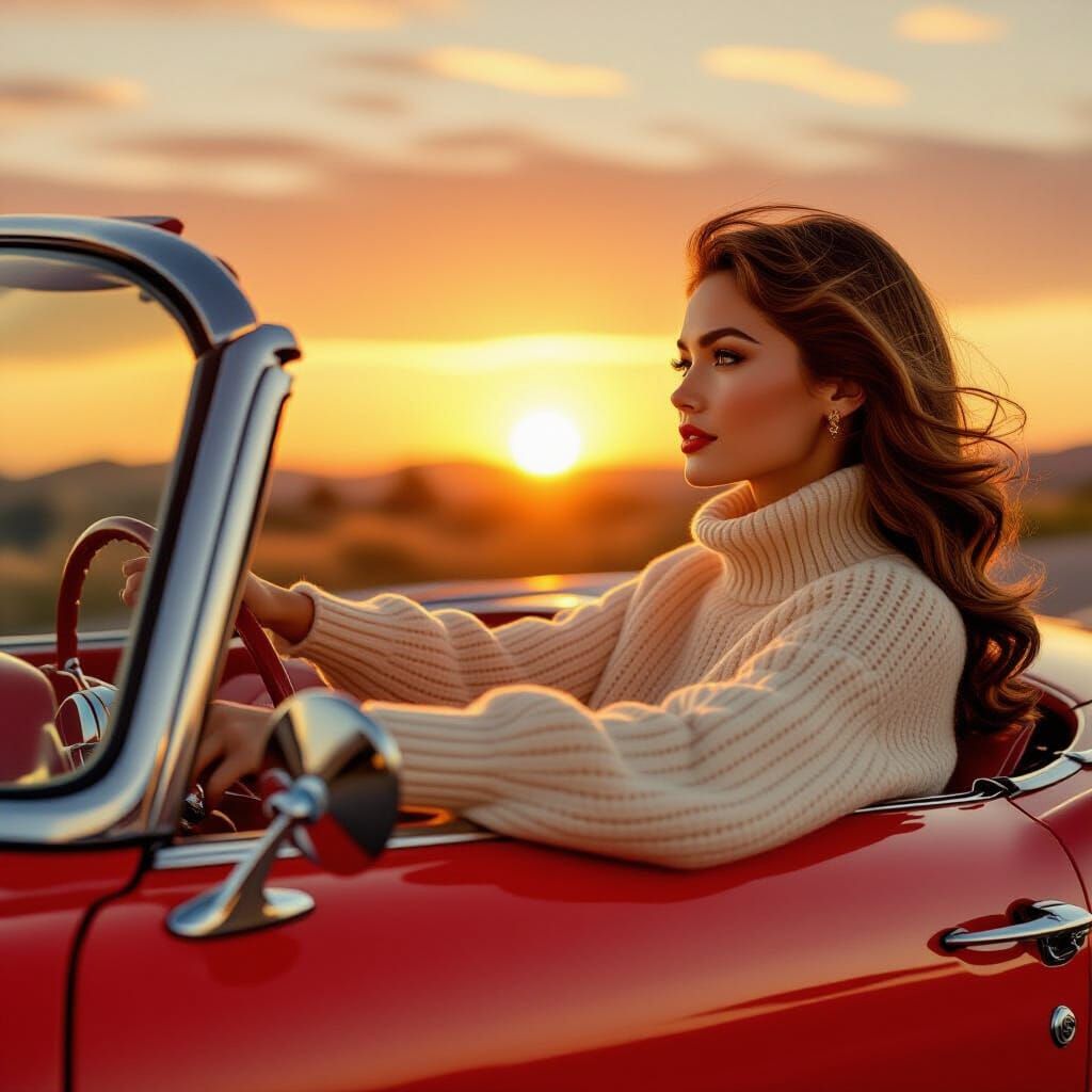 Woman in Red Convertible at Sunset, Cinematic Art Style