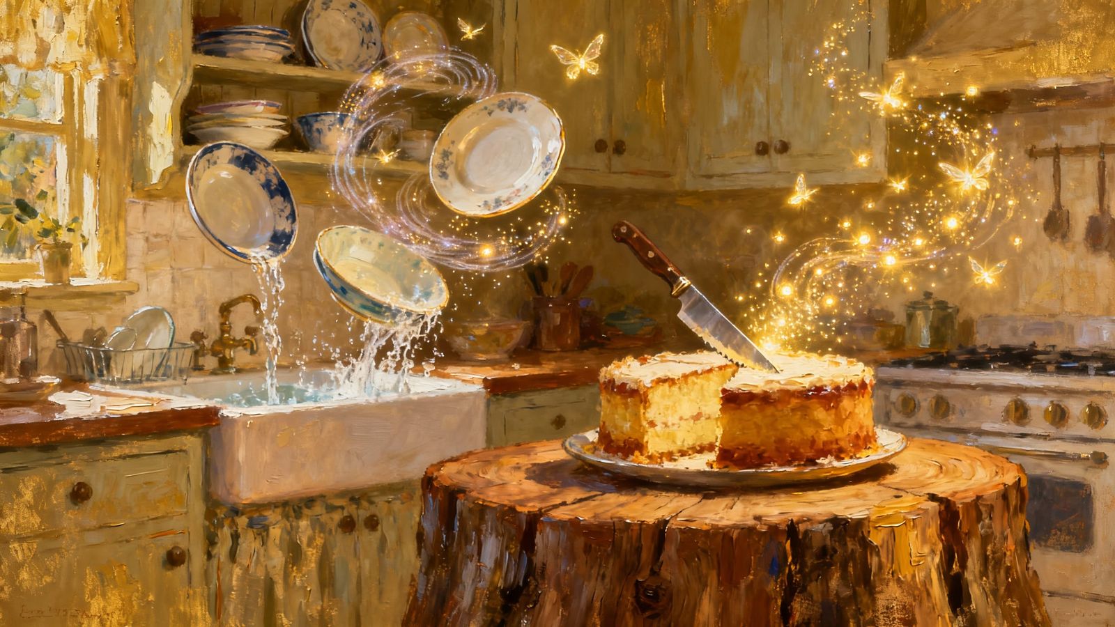 Magical Dishwashing Scene in Textured Oil Painting Style