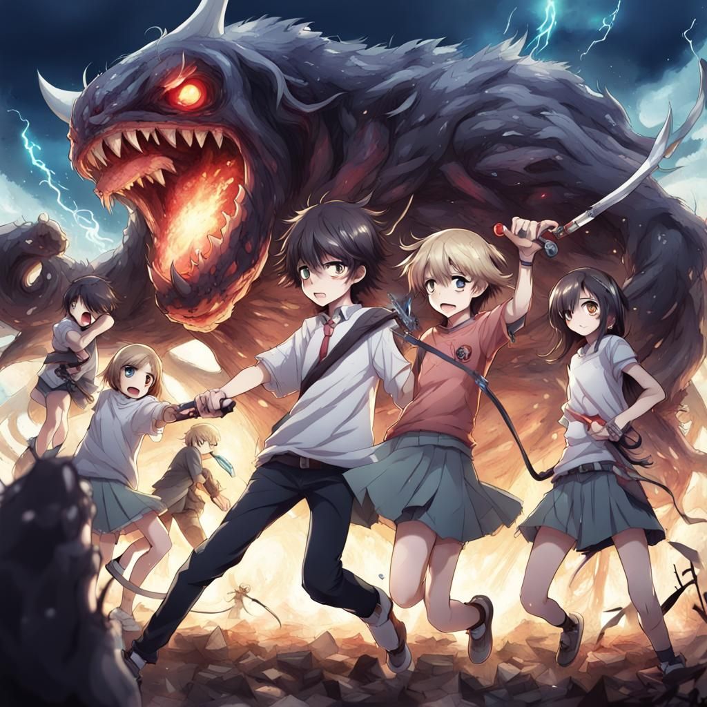 Imaginary Monster Battles Teenagers: Anime Art