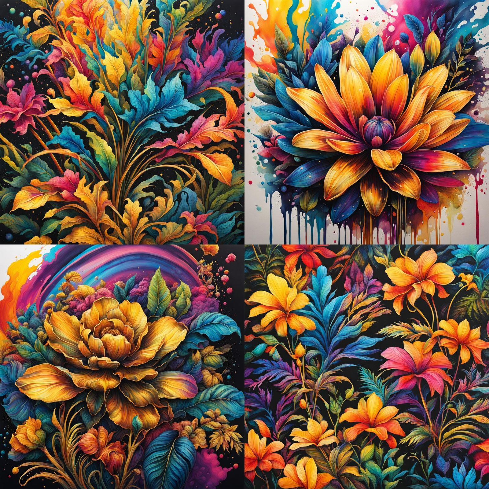 Golden Rainbow Botanical Ink Drawing in Graffiti Style