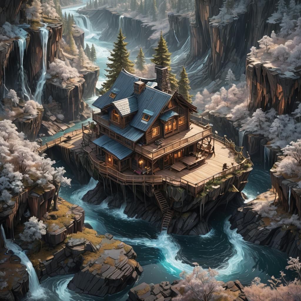 Floating Cabin by Waterfall: Detailed Fractal Art