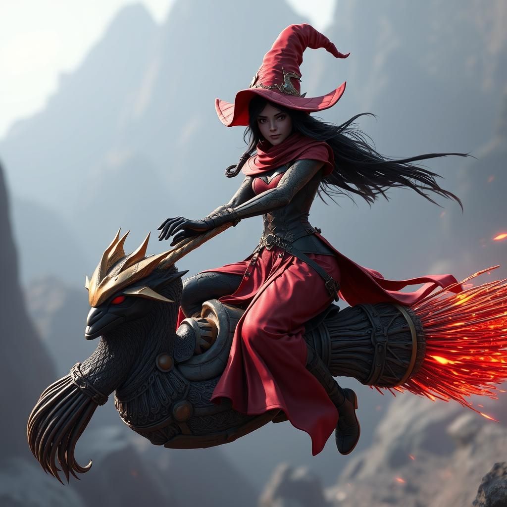 Futuristic Sorceress Rides Broom in 3D Game Style