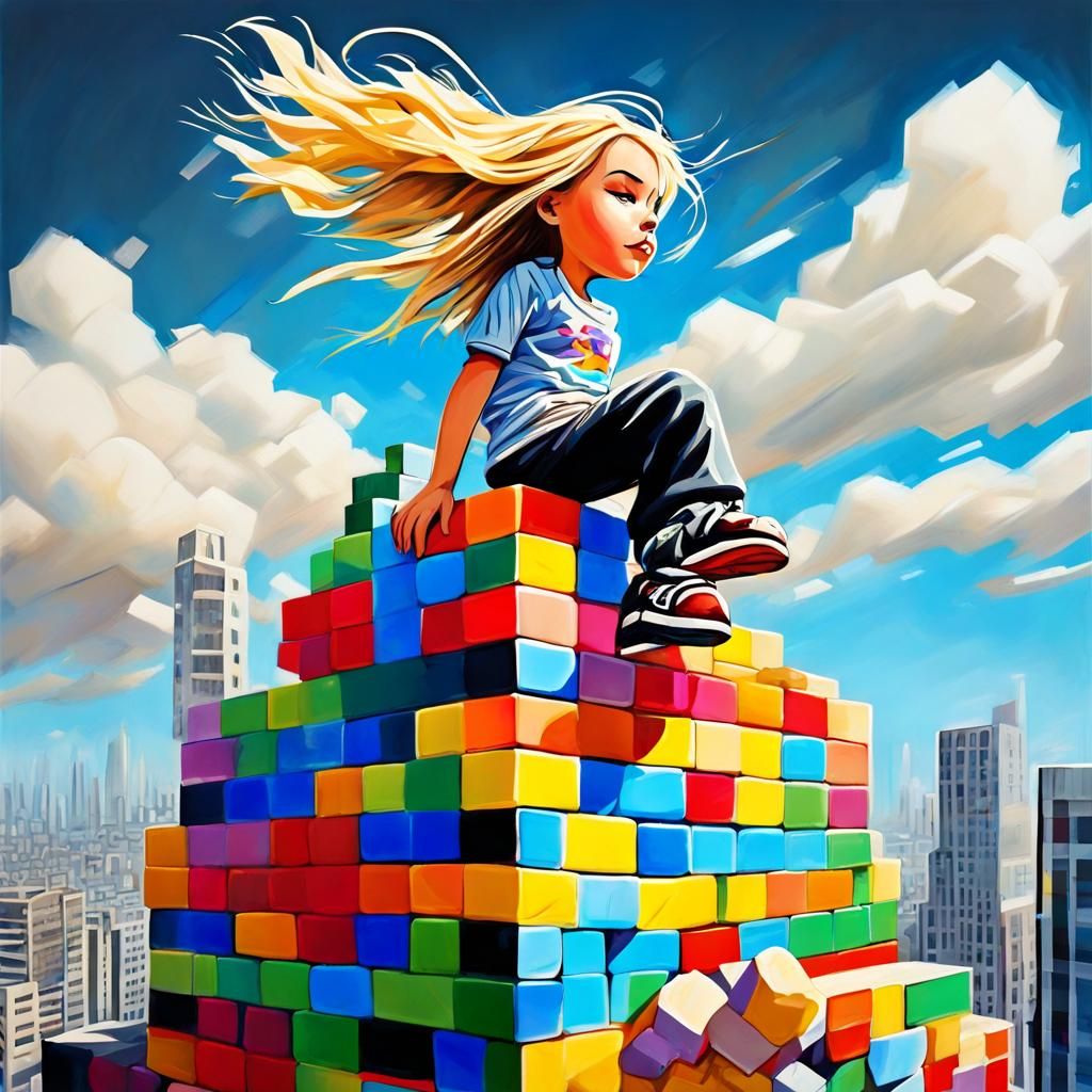 Father and Daughter on Block Skyscraper: Graffiti Art