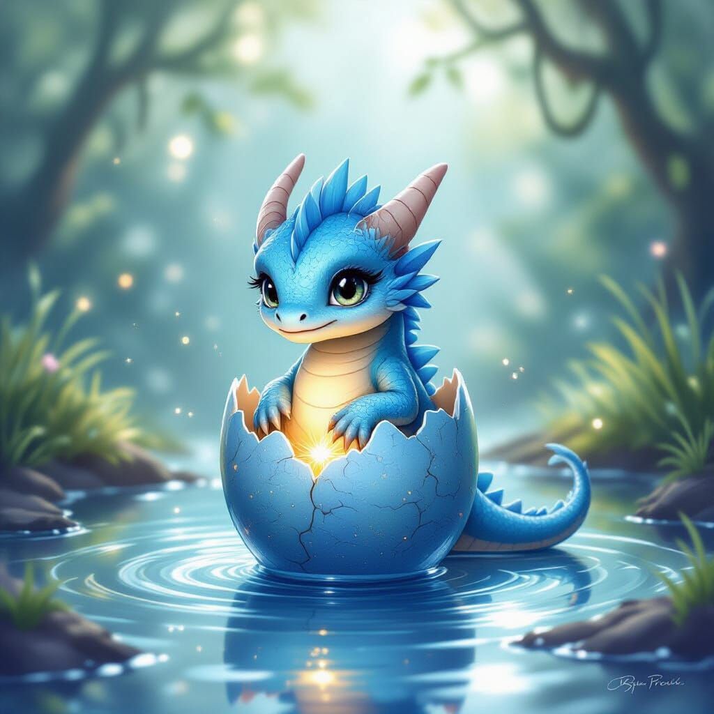 Adorable Blue Baby Dragon Emerging From Egg